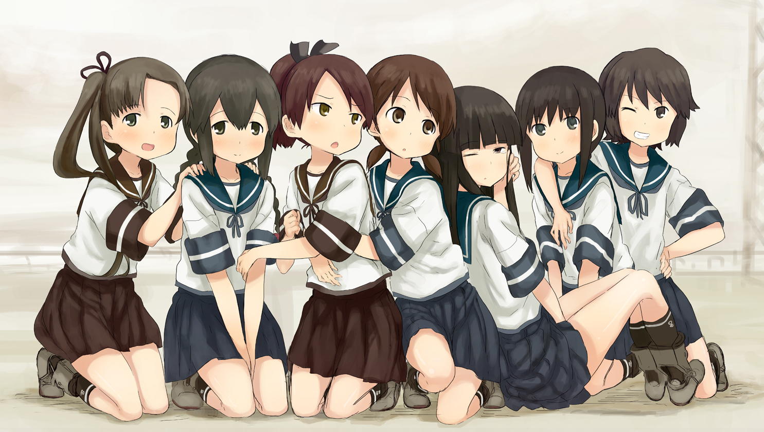 abe_kanari, anthropomorphism, ayanami_(kancolle), black_eyes, black_hair, blush, braids, brown_eyes