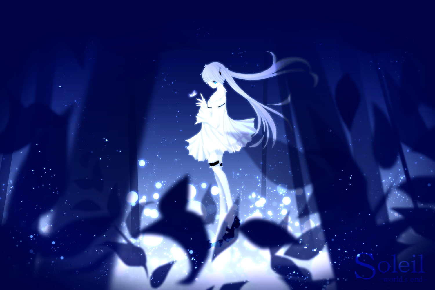 aonoe, aqua_eyes, blue, butterfly, dress, gray_hair, hatsune_miku, long_hair