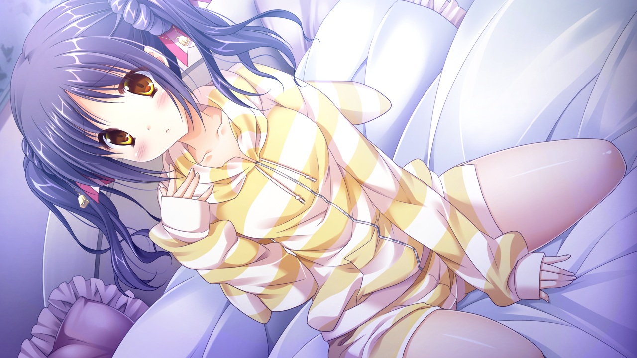 3-nin_iru!, bed, bell, black_hair, blush, brown_eyes, game_cg, nakase_nagisa, pajamas, riffraff, suzui_narumi, twintails