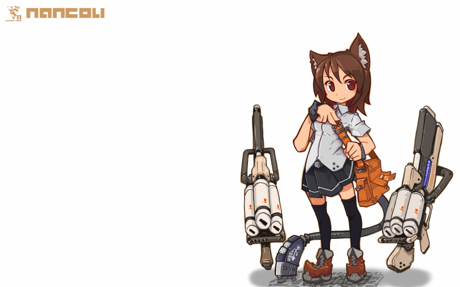 animal_ears, boots, brown_eyes, brown_hair, catgirl, gun, nancou_(nankou), original