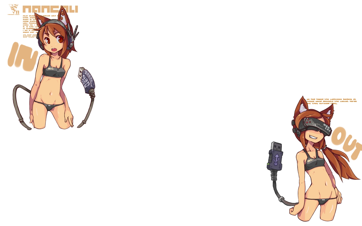 2girls, animal_ears, anthropomorphism, bikini, brown_eyes, brown_hair, catgirl, goggles