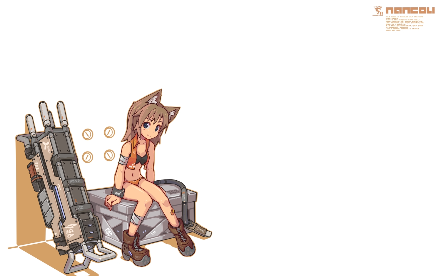 animal_ears, bandage, bandaid, blue_eyes, boots, brown_hair, gun, long_hair