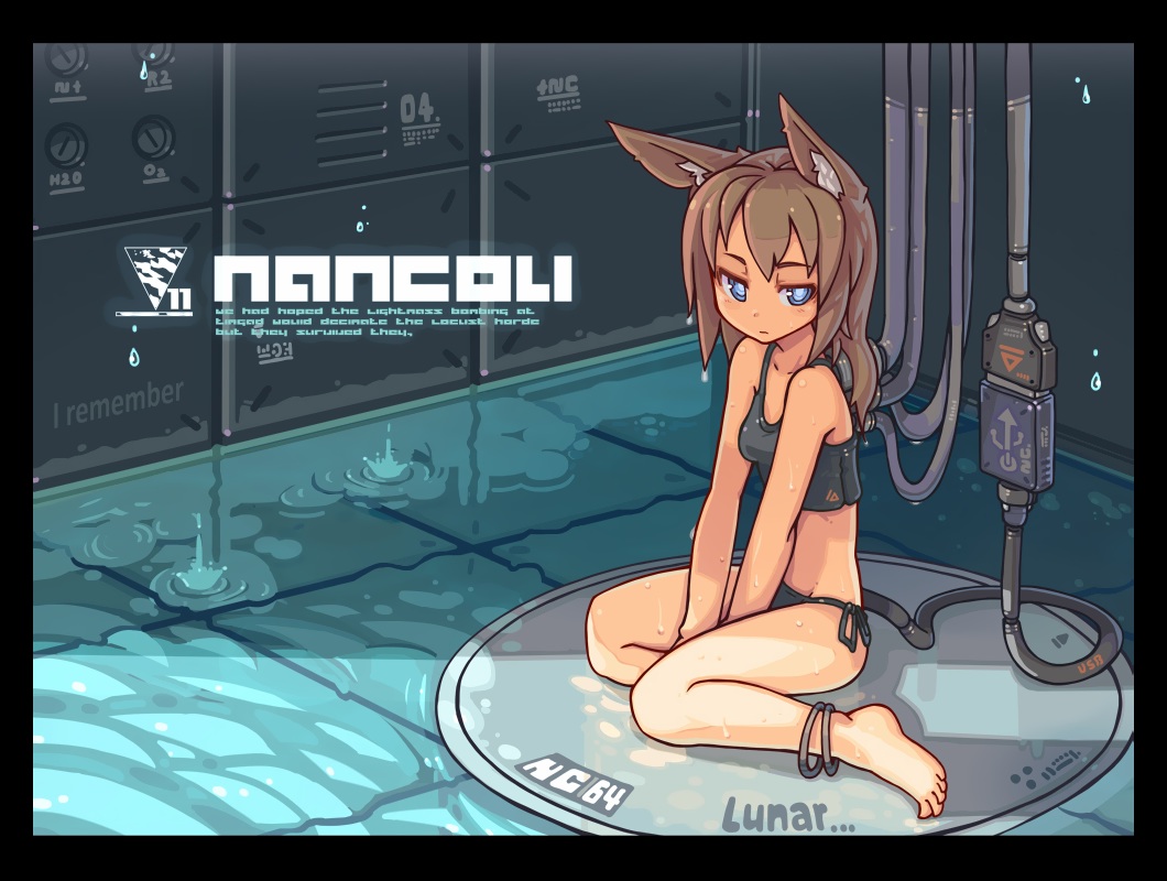 animal_ears, barefoot, blue_eyes, brown_hair, catgirl, long_hair, nancou_(nankou), original