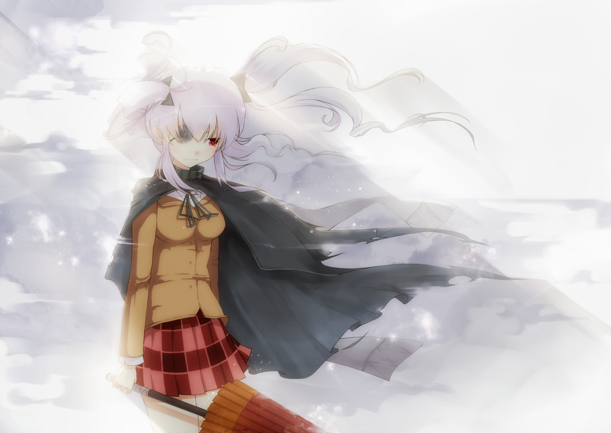 cape, elizax9x, eyepatch, pink_hair, red_eyes, school_uniform, senran_kagura, skirt