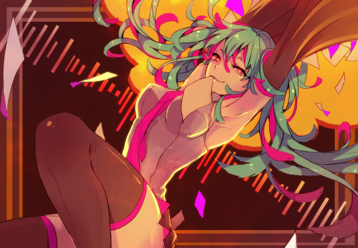 aqua_hair, hatsune_miku, long_hair, mousou_zei_(vocaloid), paper, red_eyes, suwako_(nakasuwa), thighhighs, tie, twintails, vocaloid