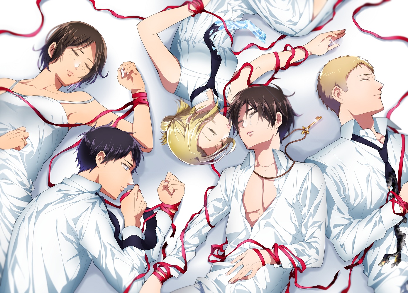 annie_leonhardt, bertholt_fubar, black_hair, blonde_hair, blue_eyes, brown_hair, dress, eren_jaeger, group, kurobara, necklace, open_shirt, reiner_braun, ribbons, shingeki_no_kyojin, short_hair, sleeping, tears, tie, white, ymir_(shingeki_no_kyojin)
