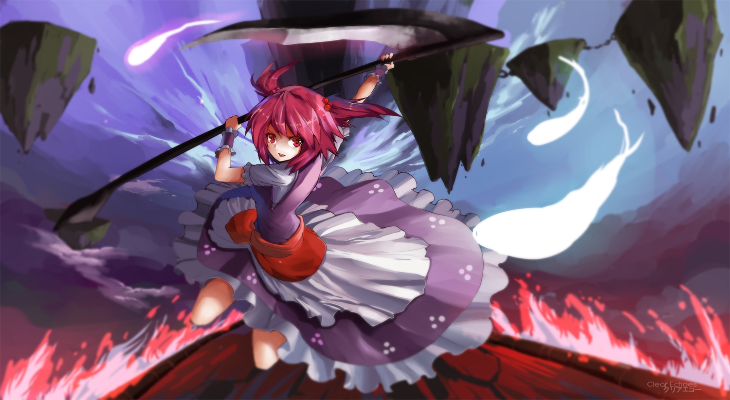 animal, clear_echoes, dress, onozuka_komachi, pink_hair, red_eyes, scythe, short_hair, touhou, watermark, weapon