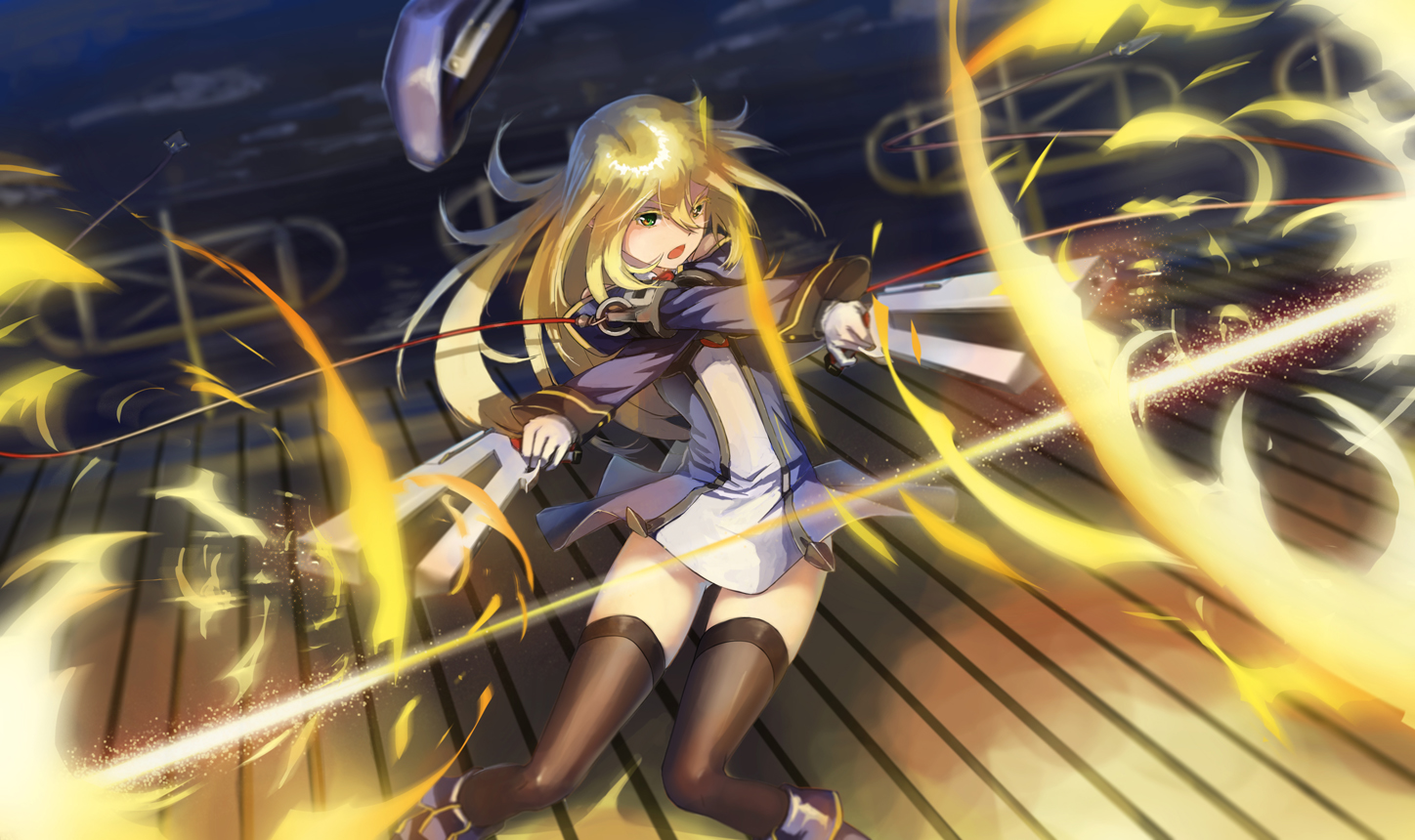 blazblue, blonde_hair, gloves, green_eyes, gun, hat, lc, long_hair