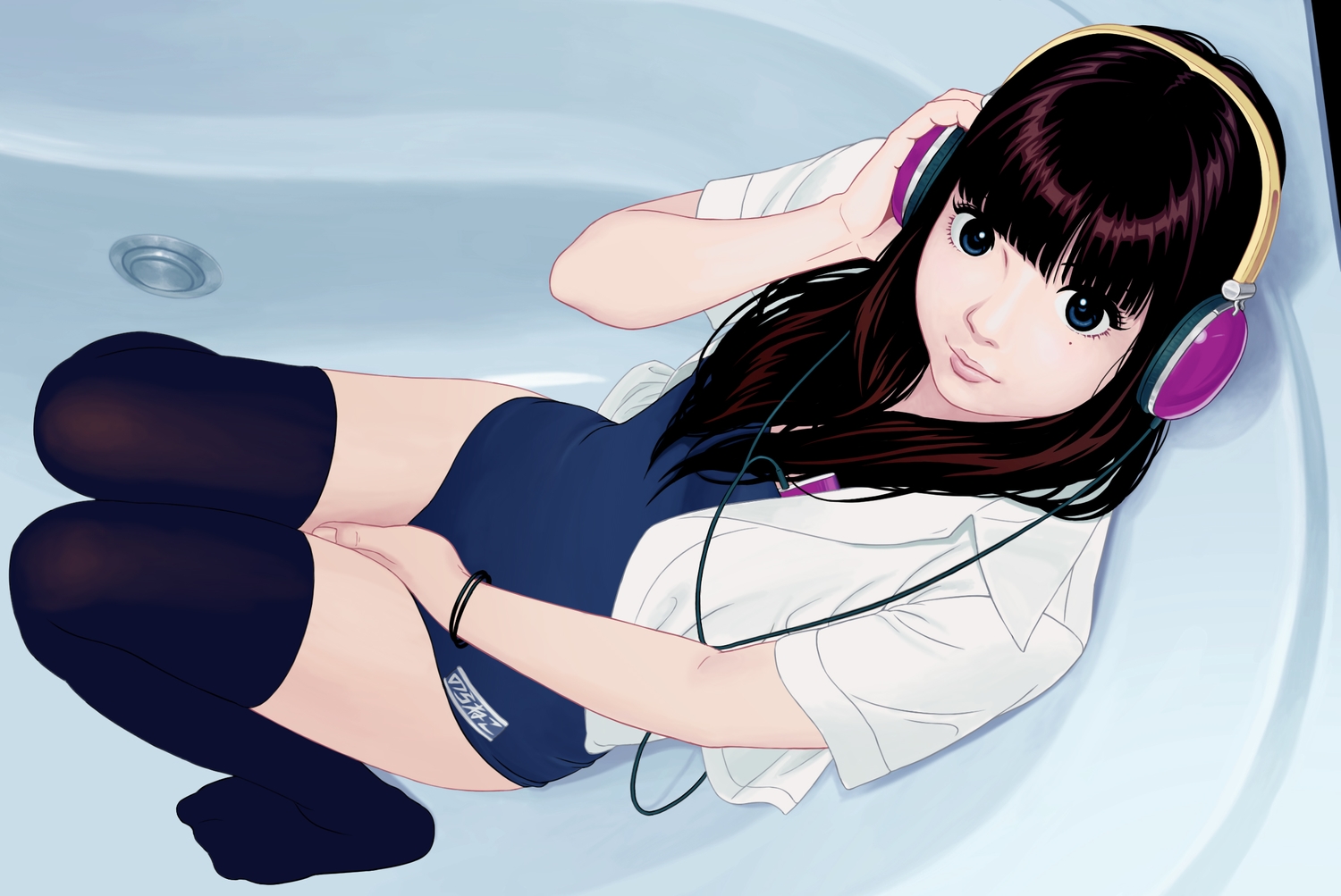 bath, bathtub, black_hair, blue_eyes, headphones, long_hair, original, sakkan, school_swimsuit, swimsuit, thighhighs