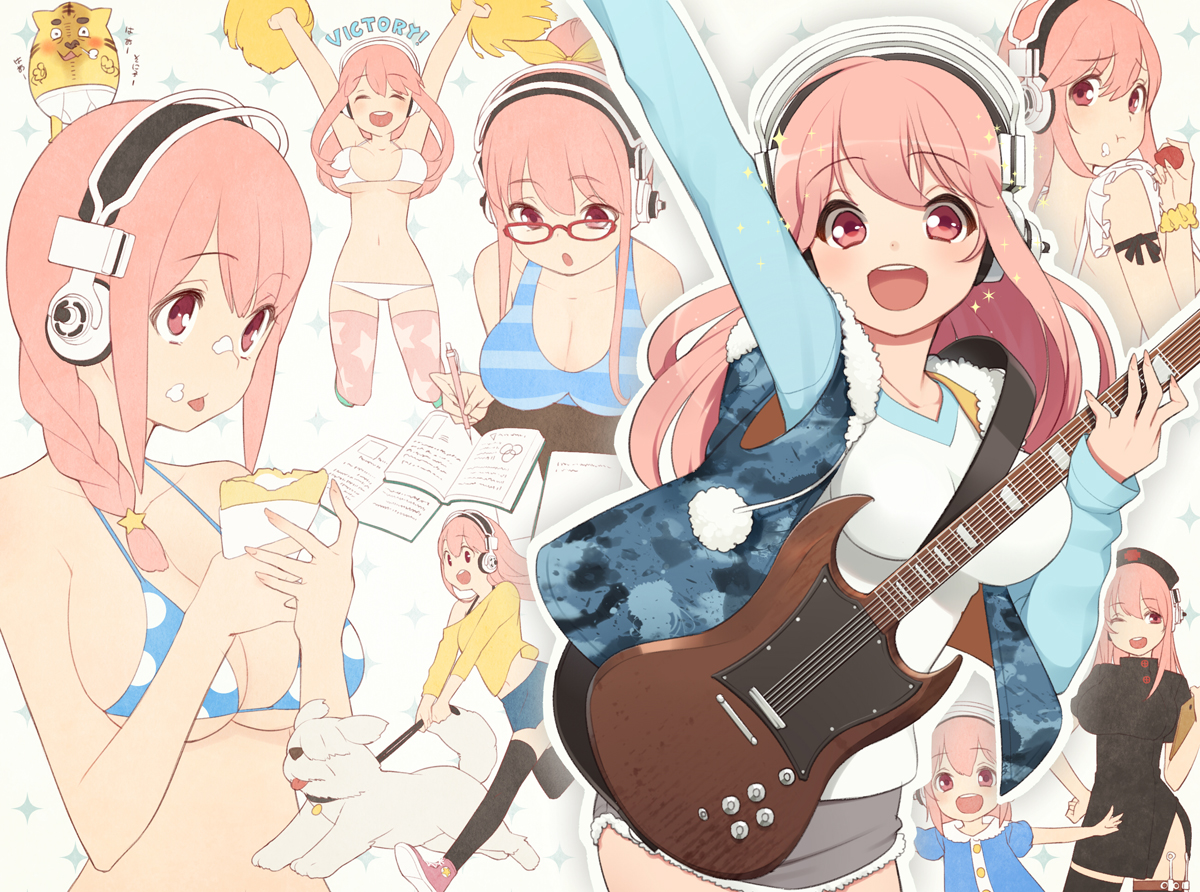 animal, apron, bikini, blush, book, braids, breasts, cheerleader, chinese_clothes, chinese_dress, cleavage, dog, dress, food, fruit, glasses, guitar, headphones, instrument, loli, long_hair, navel, nurse, pink_hair, red_eyes, short_hair, skirt, sonico, ssberit, strawberry, super_sonico, swimsuit, thighhighs, wink