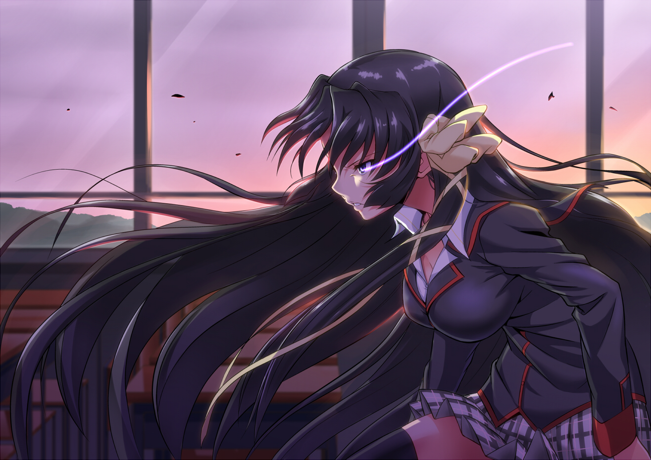 black_hair, breasts, cleavage, kurugaya_yuiko, little_busters!, long_hair, purple_eyes, school_uniform