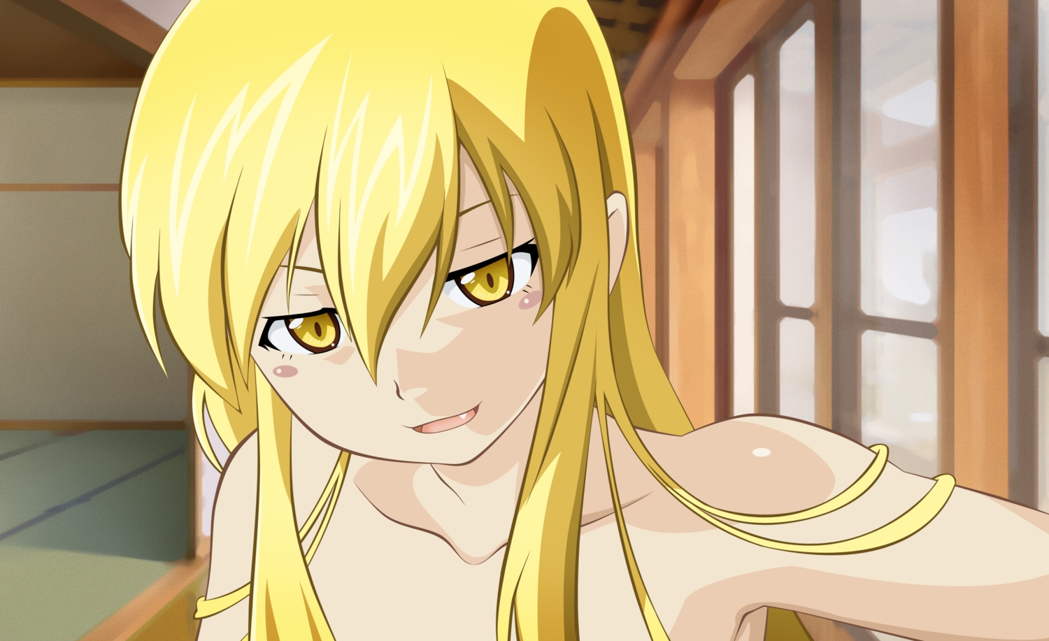 blonde_hair, close, fang, loli, long_hair, monogatari_(series), morrow_(artist), nisemonogatari