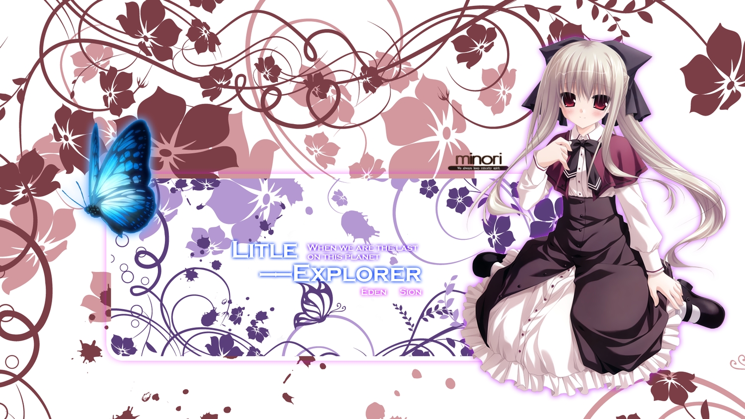 blonde_hair, blush, bow, butterfly, chikotam, dress, eden, long_hair, minori, red_eyes, shion