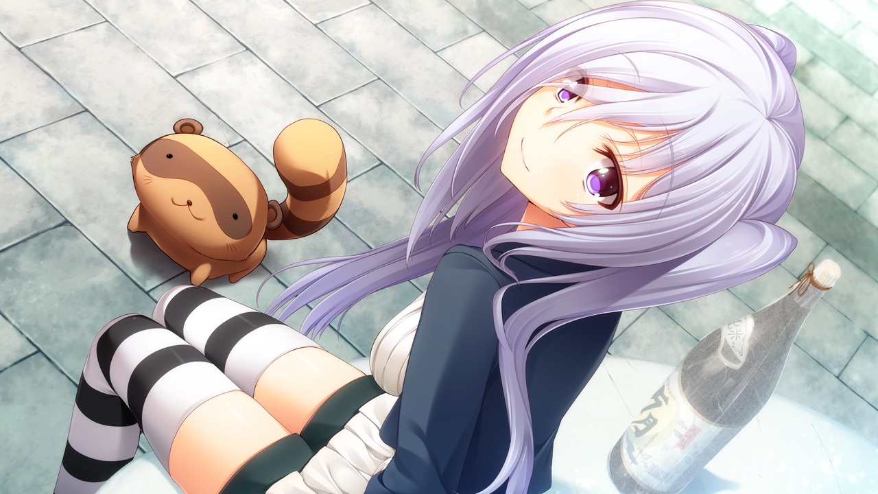 animal, ch@r, drink, game_cg, gleam_garden_no_shoujo, gray_hair, long_hair, purple_eyes, shirayuki_(gleam_garden_no_shoujo), thighhighs, twintails