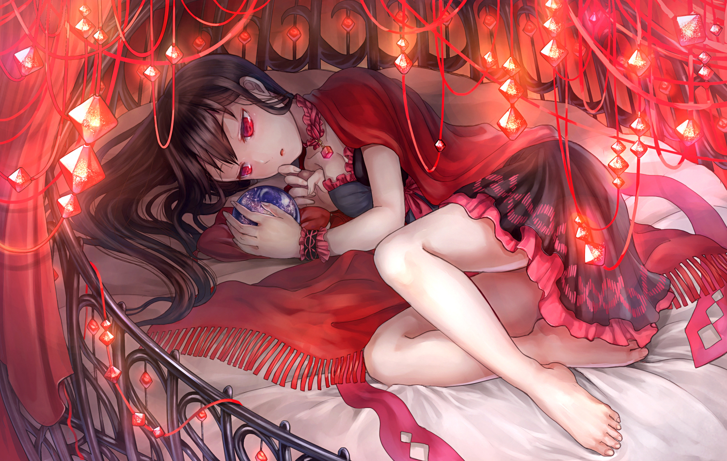 barefoot, bed, black_hair, breasts, choker, cleavage, long_hair, maruyama-jp, original, red_eyes