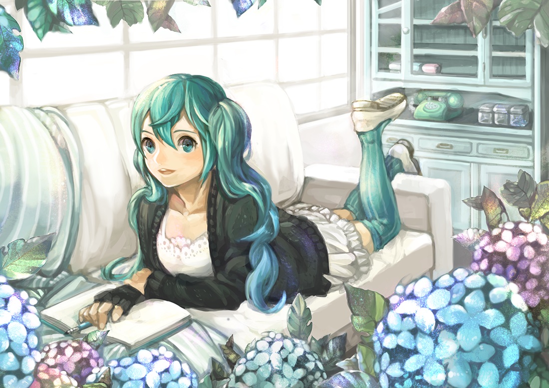 aqua_eyes, aqua_hair, bonbon_00, book, flowers, hatsune_miku, long_hair, phone, skirt, thighhighs, twintails, vocaloid
