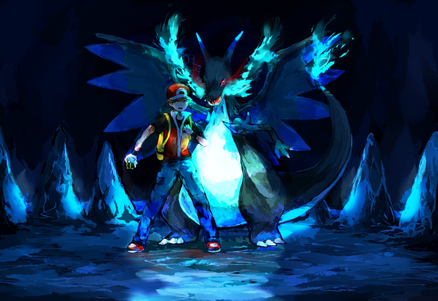 all_male, brown_hair, charizard, hat, male, mega_charizard_x, pink_eyes, pokemon