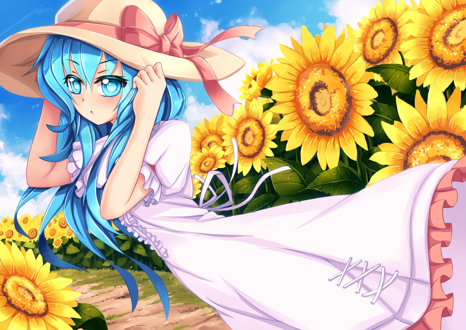 aqua_eyes, aqua_hair, bow, date_a_live, dress, flowers, hat, long_hair