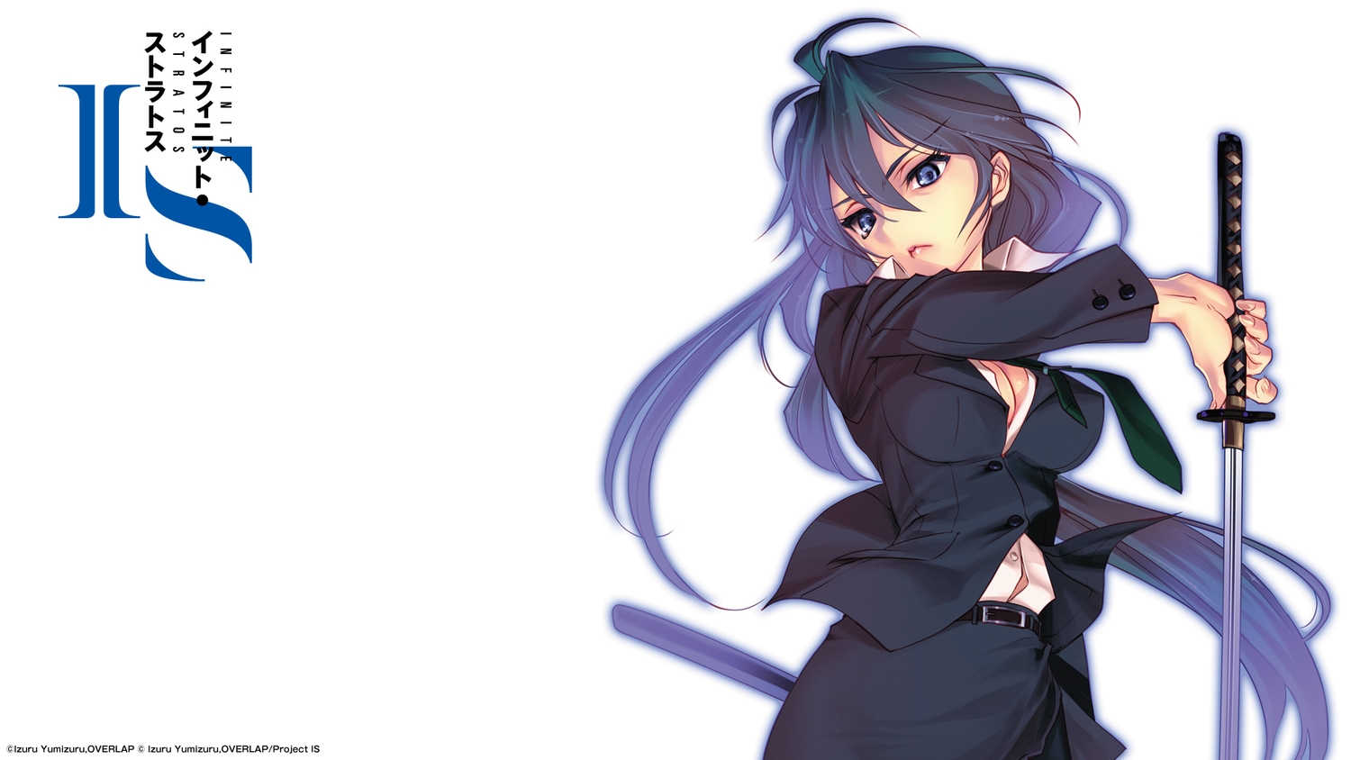 black_hair, blue_eyes, breasts, choco, cleavage, green_hair, infinite_stratos, katana, long_hair, orimura_chifuyu, sword, tie, watermark, weapon, white