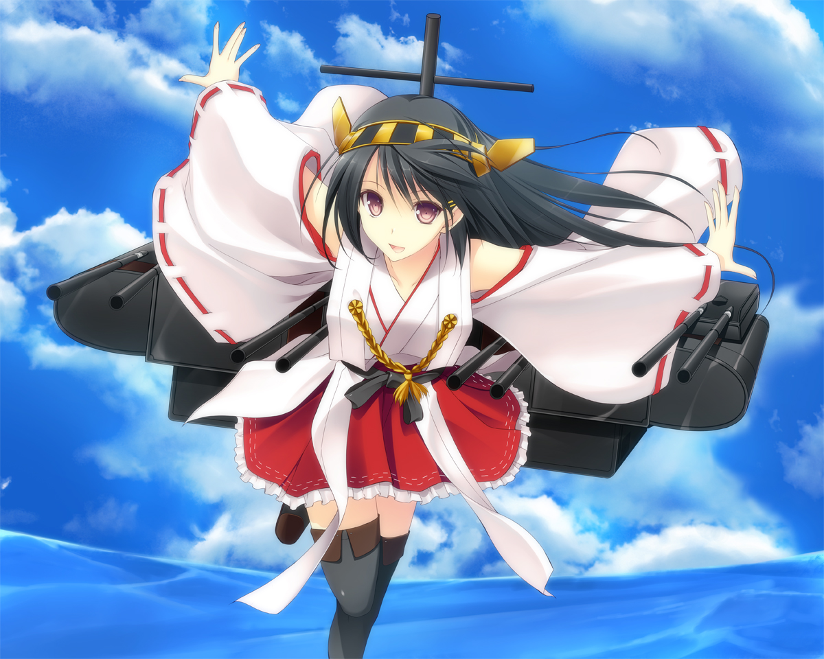 anthropomorphism, black_hair, brown_eyes, clouds, haruna_(kancolle), headband, japanese_clothes, kantai_collection, long_hair, miko, skirt, takepon, thighhighs, water