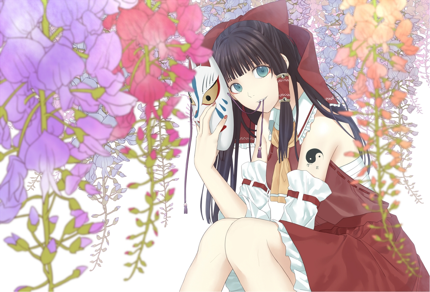 black_hair, blue_eyes, flowers, hakurei_reimu, japanese_clothes, kosagi_midori, long_hair, mask, miko, tattoo, touhou