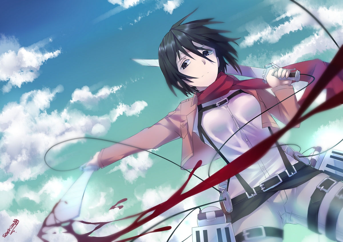black_hair, blood, clouds, mikasa_ackerman, saphirya, scarf, shingeki_no_kyojin, short_hair