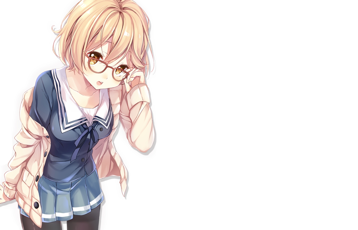 blonde_hair, brown_eyes, chiyingzai, glasses, kuriyama_mirai, kyoukai_no_kanata, pantyhose, school_uniform