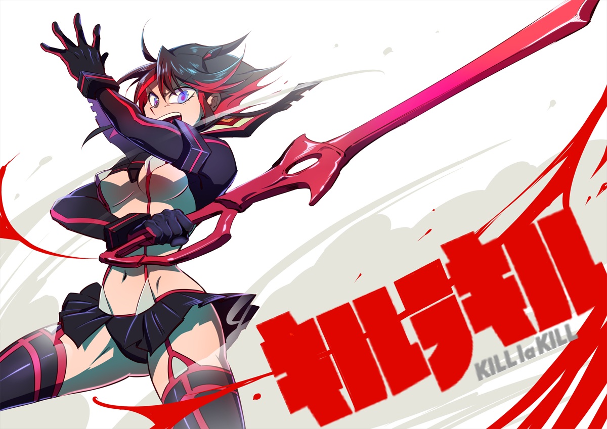 302, black_hair, blue_eyes, breasts, kill_la_kill, matoi_ryuuko, navel, red_hair, short_hair, skirt, sword, thighhighs, underboob, weapon