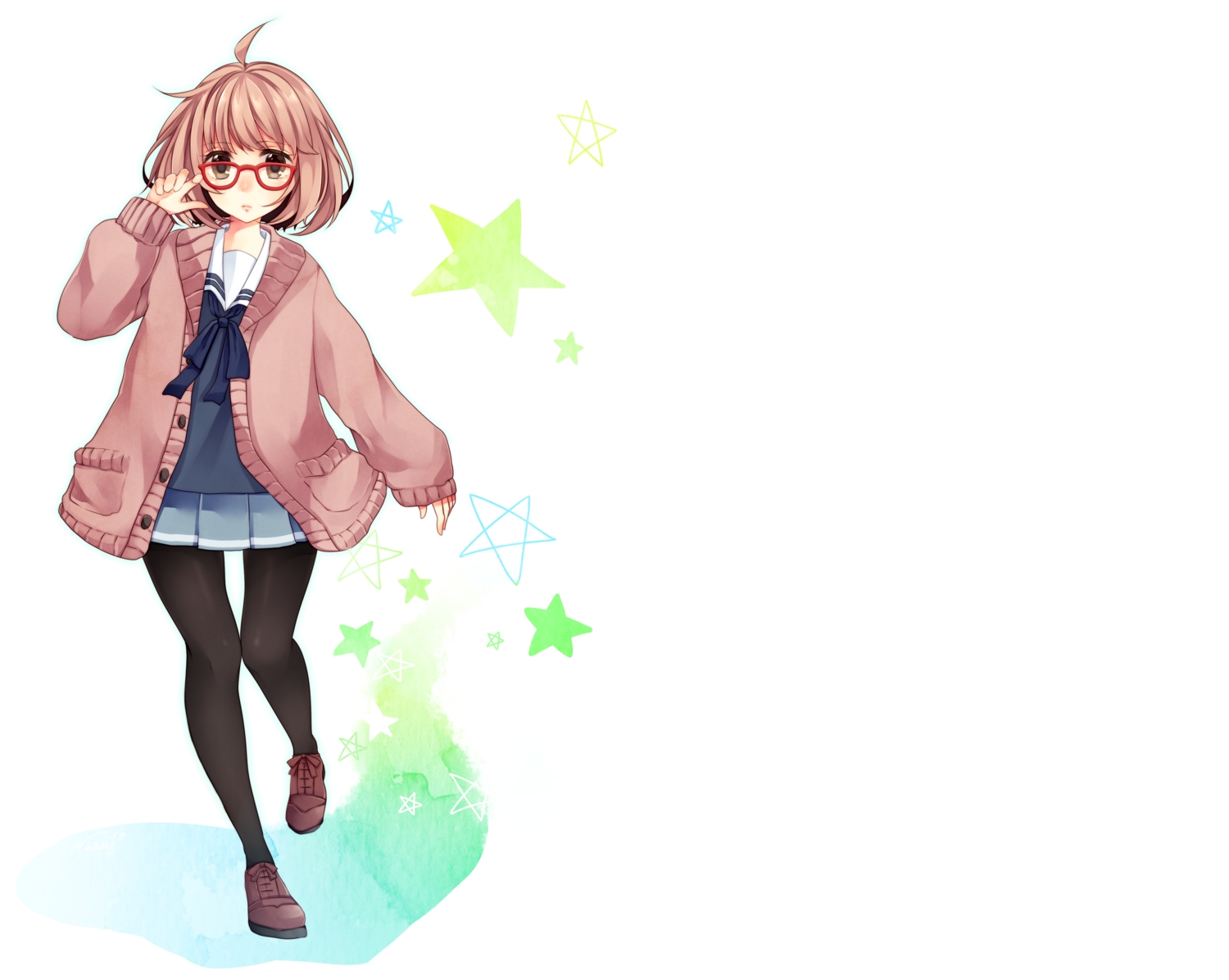brown_eyes, brown_hair, glasses, kuriyama_mirai, kyoukai_no_kanata, pantyhose, school_uniform, short_hair