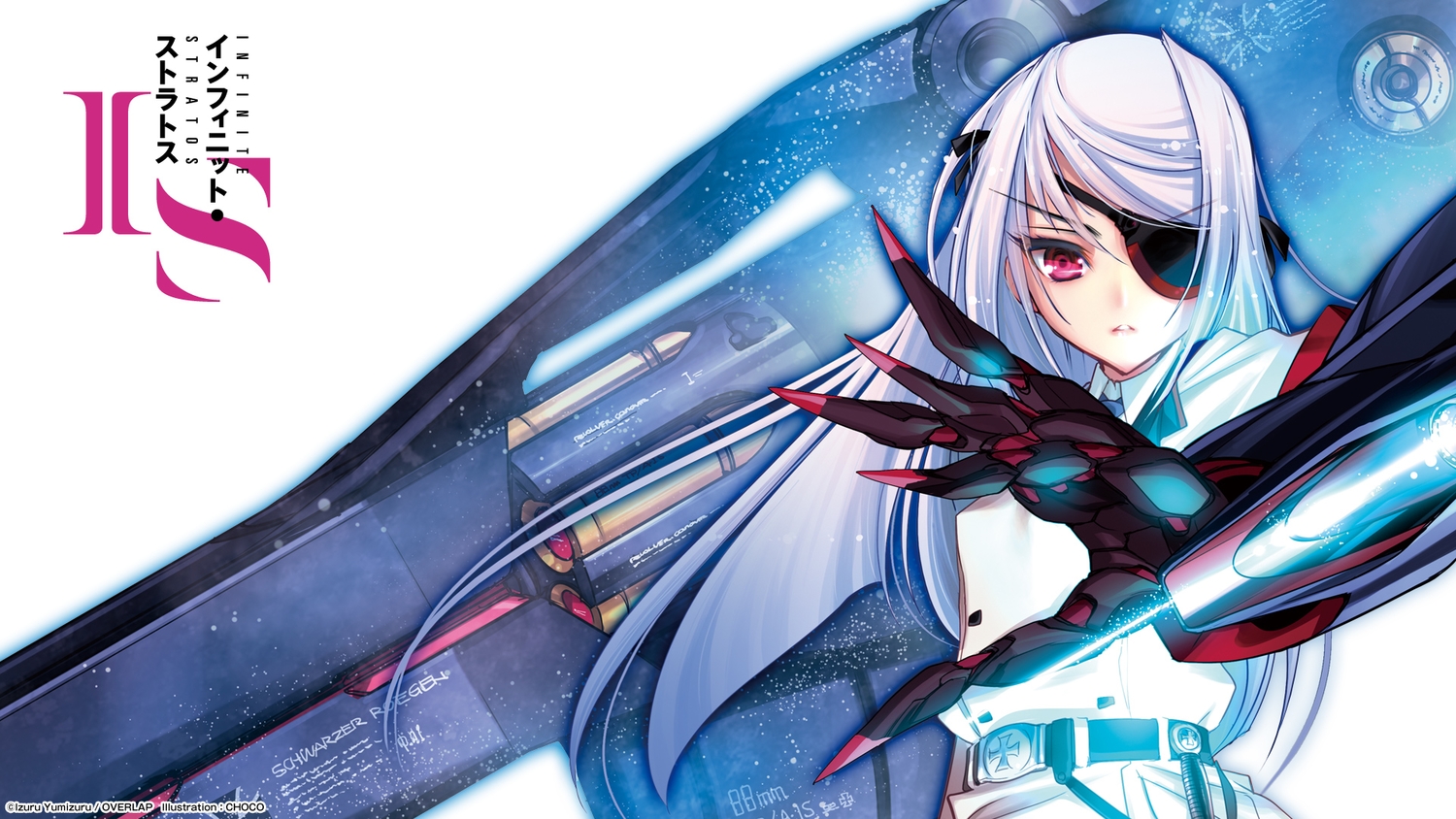 choco, eyepatch, gun, infinite_stratos, laura_bodewig, long_hair, pink_eyes, school_uniform, watermark, weapon, white_hair