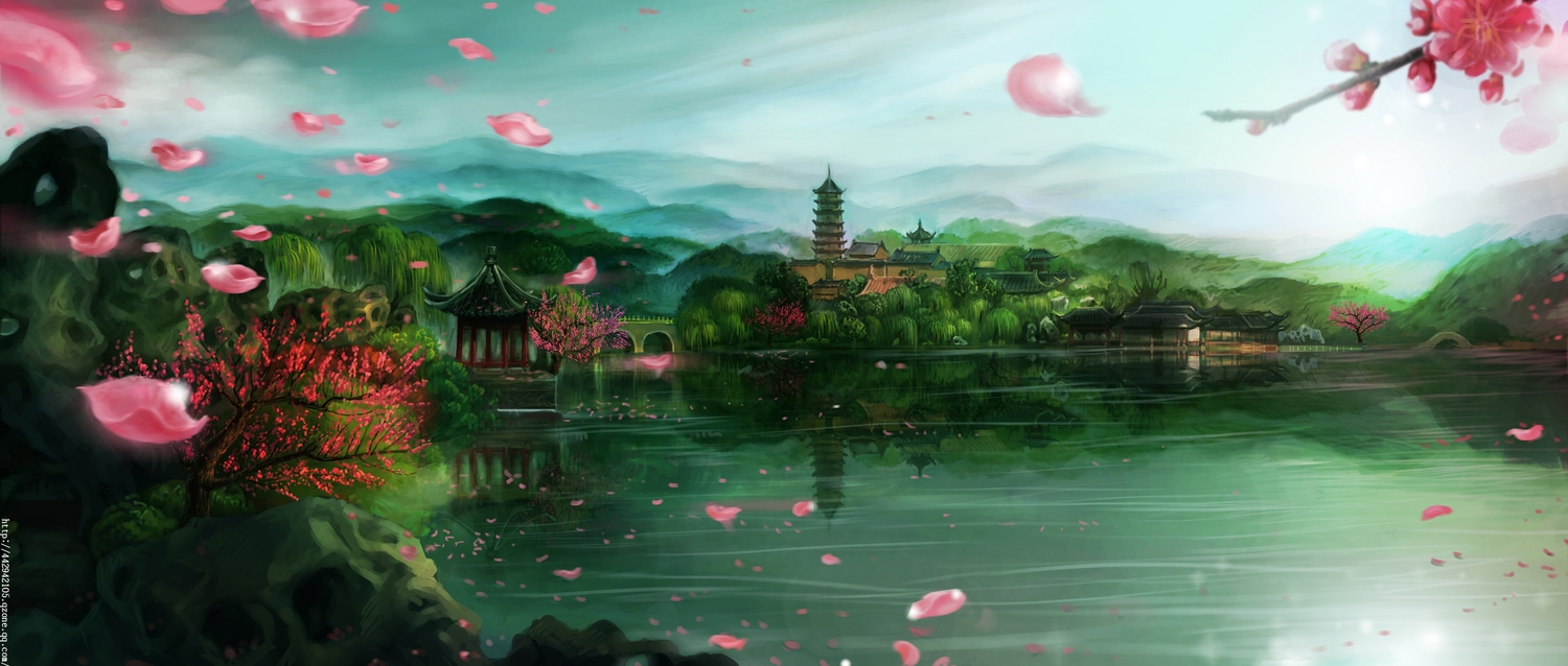 building, cherry_blossoms, flowers, landscape, no_humans, original, petals, scenic, sky, tree, water, watermark, yingzhiping