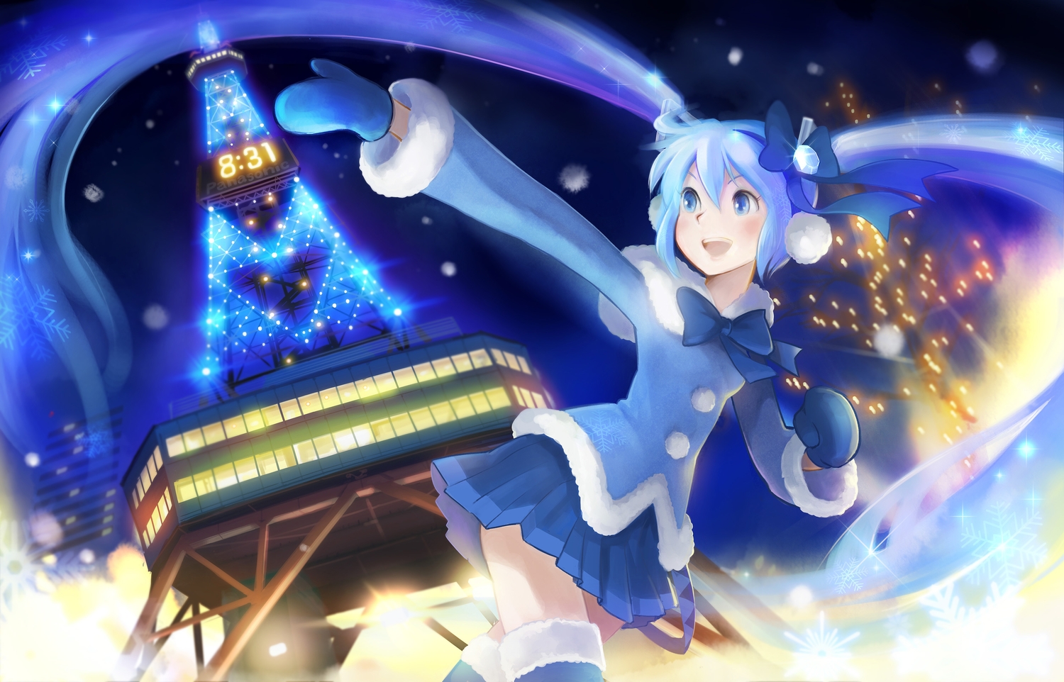 blue_eyes, blue_hair, blush, bow, building, earmuffs, gloves, hatsune_miku, long_hair, night, shirokichi, skirt, snow, thighhighs, twintails, vocaloid, yuki_miku