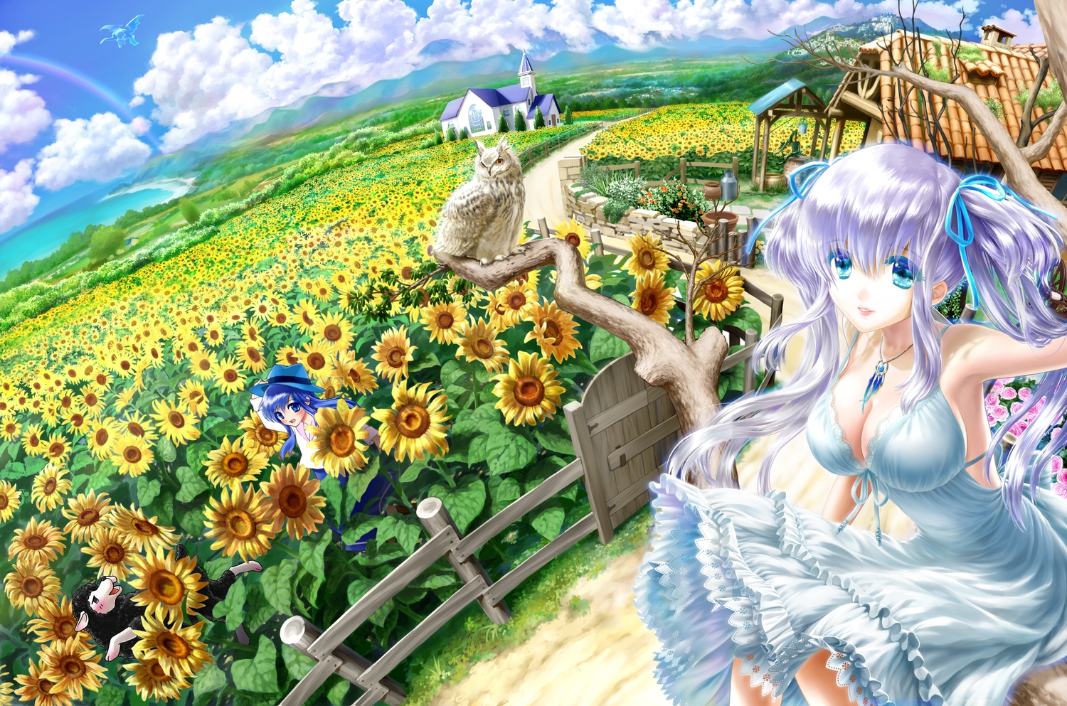 animal, bird, blue_eyes, blue_hair, breasts, cleavage, clouds, dragon
