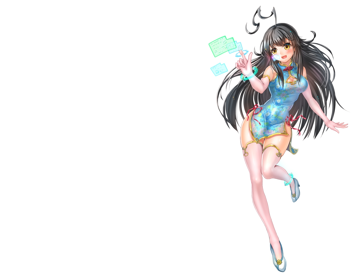 black_hair, blush, breasts, chinese_clothes, chinese_dress, cleavage, dress, elbow_gloves, gd._fengzi, gloves, long_hair, original, thighhighs, white, yellow_eyes