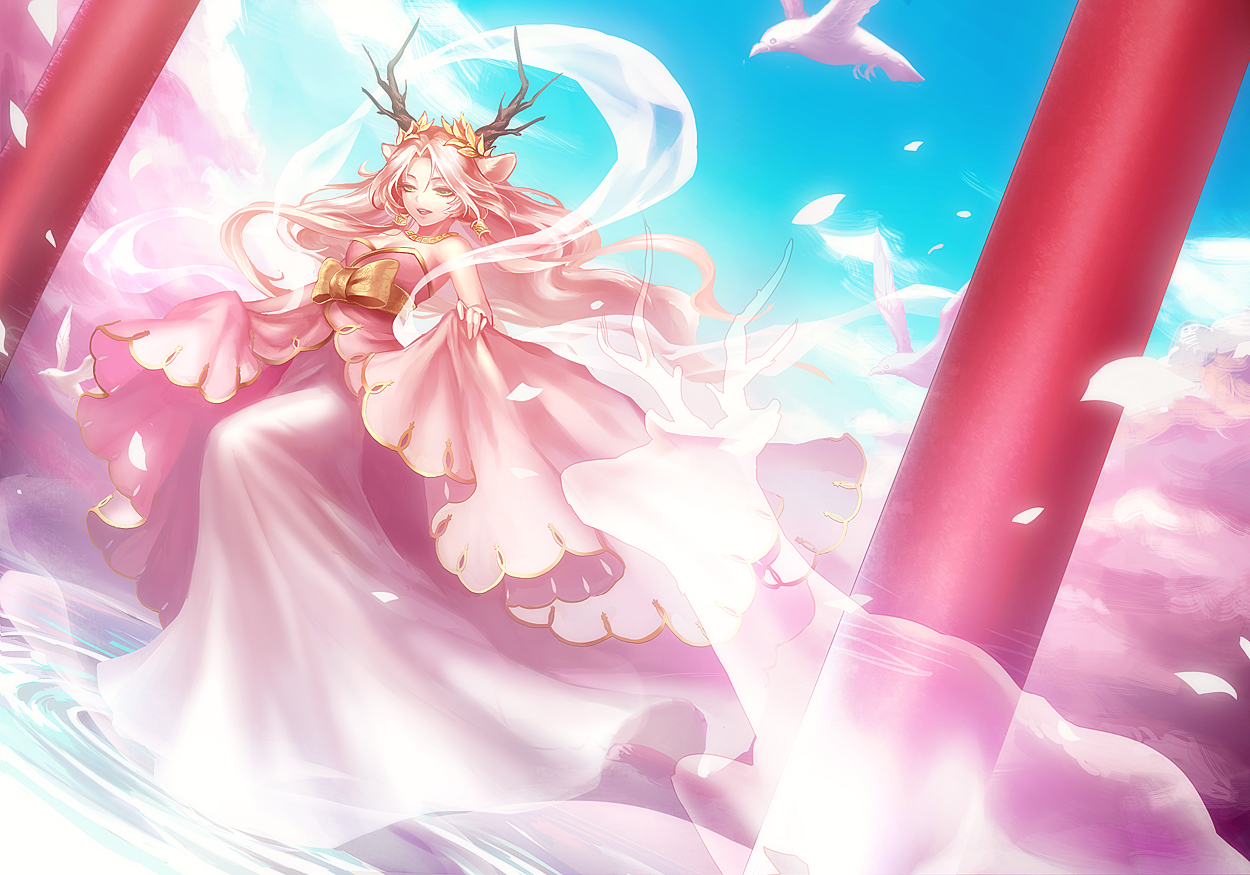 animal, animal_ears, bird, bow, dress, green_eyes, horns, long_hair