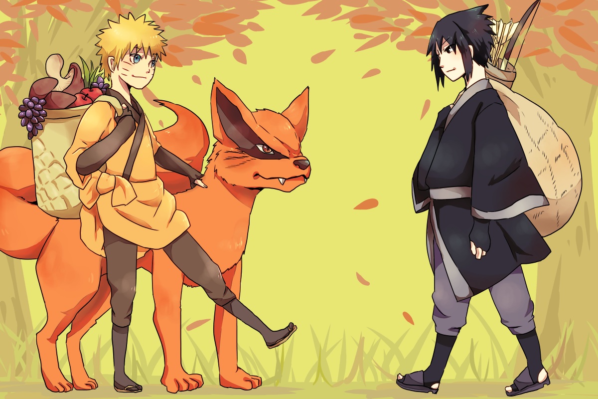 all_male, autumn, black_eyes, black_hair, blonde_hair, blue_eyes, bow_(weapon), food