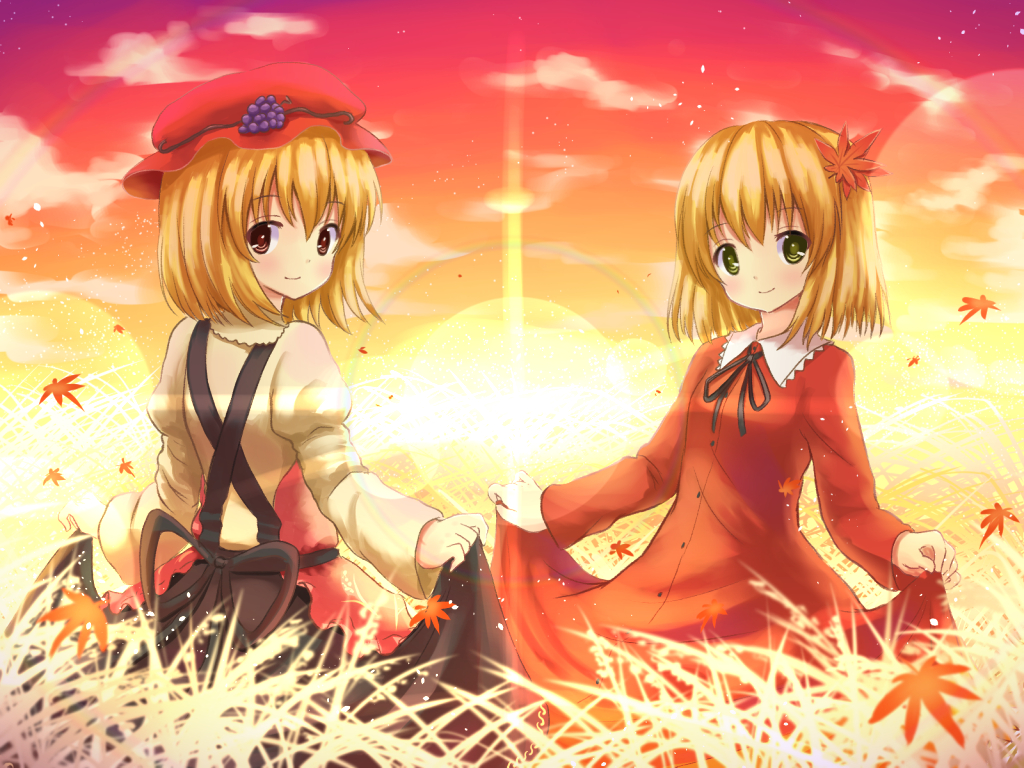 2girls, aki_minoriko, aki_shizuha, autumn, blonde_hair, dress, grass, green_eyes