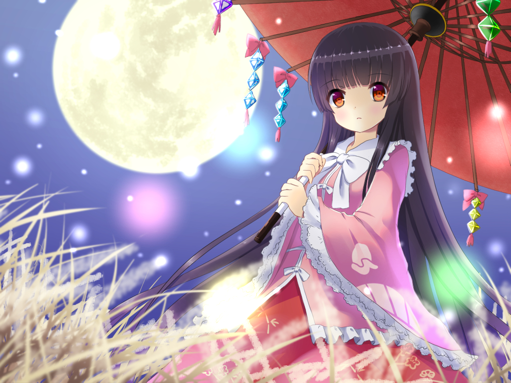 black_hair, bow, dress, grass, hakuto_(28syuku), houraisan_kaguya, long_hair, moon