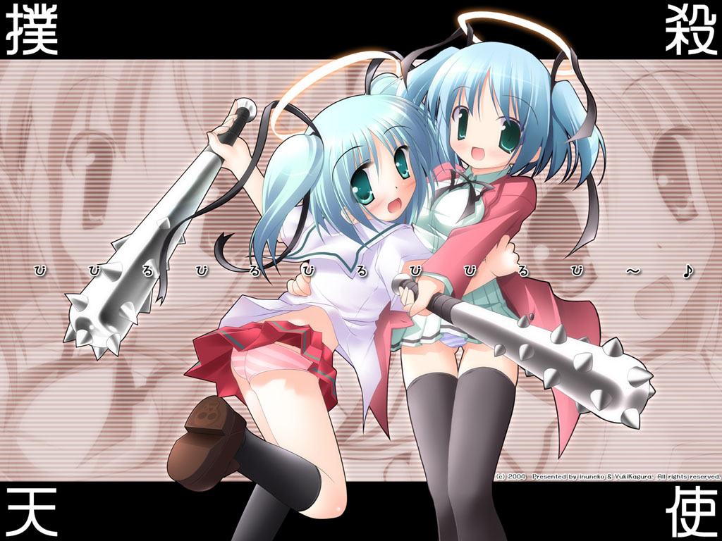 bokusatsu_tenshi_dokuro-chan, dokuro, kagura_yuuki, panties, striped_panties, thighhighs, twins, underwear