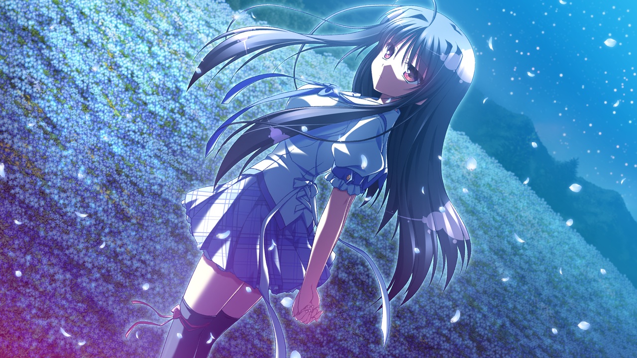 flowers, game_cg, long_hair, minori, natsuzora_no_perseus, night, orange_eyes, petals