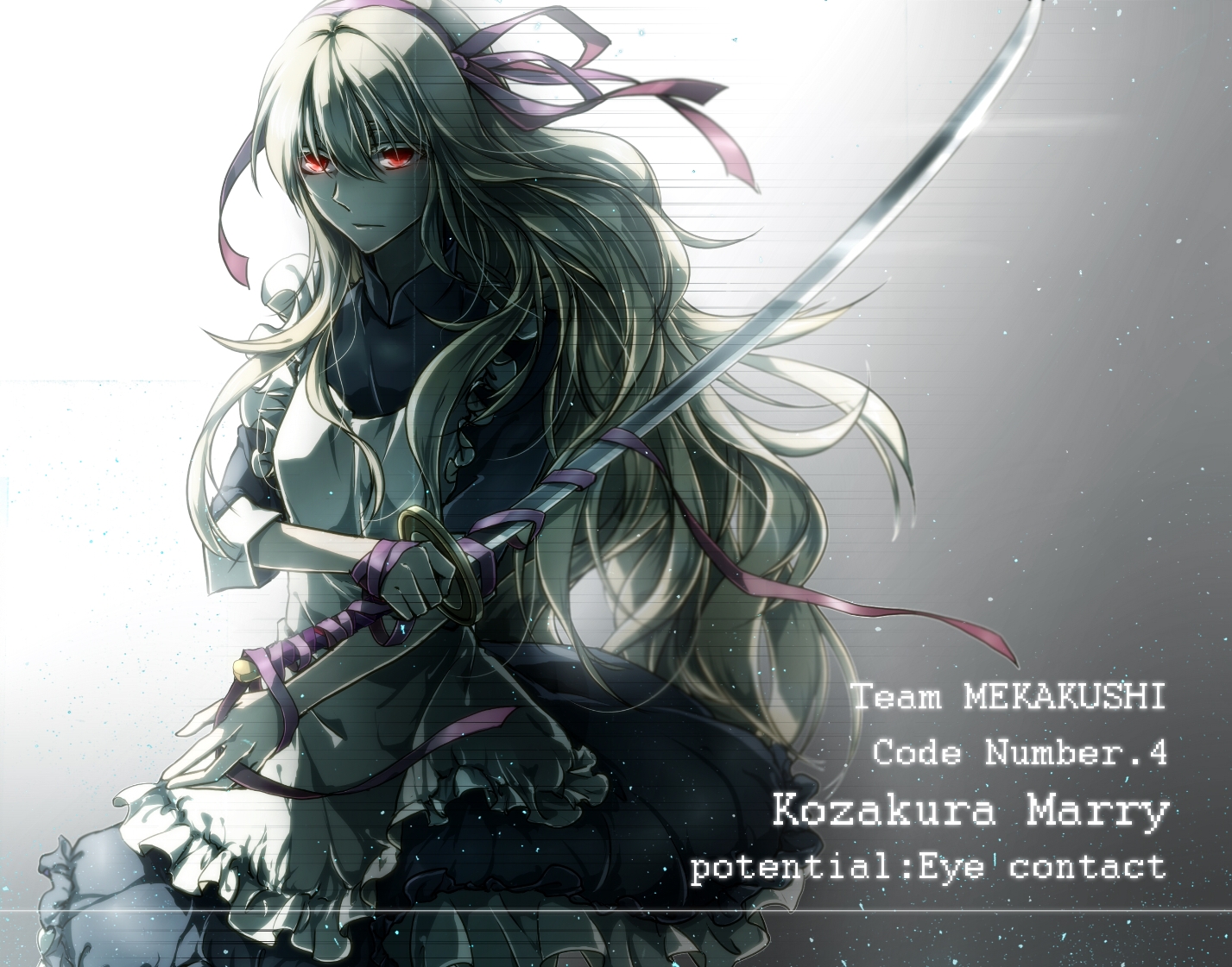 blonde_hair, dress, headband, hukkyunzzz, kagerou_project, katana, kozakura_mary, long_hair, red_eyes, ribbons, sword, weapon