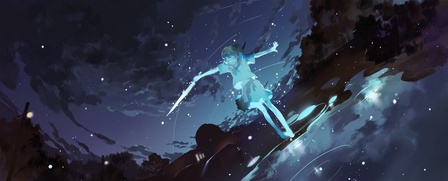 building, clouds, navel, night, noir_(ibaraki), original, short_hair, skirt