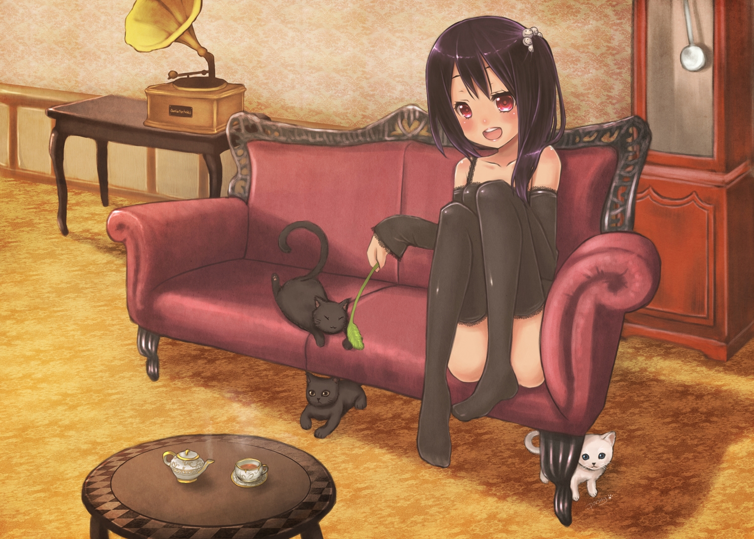 animal, black_hair, cat, drink, instrument, miyamae_porin, original, ponytail, red_eyes, signed, stockings, thighhighs