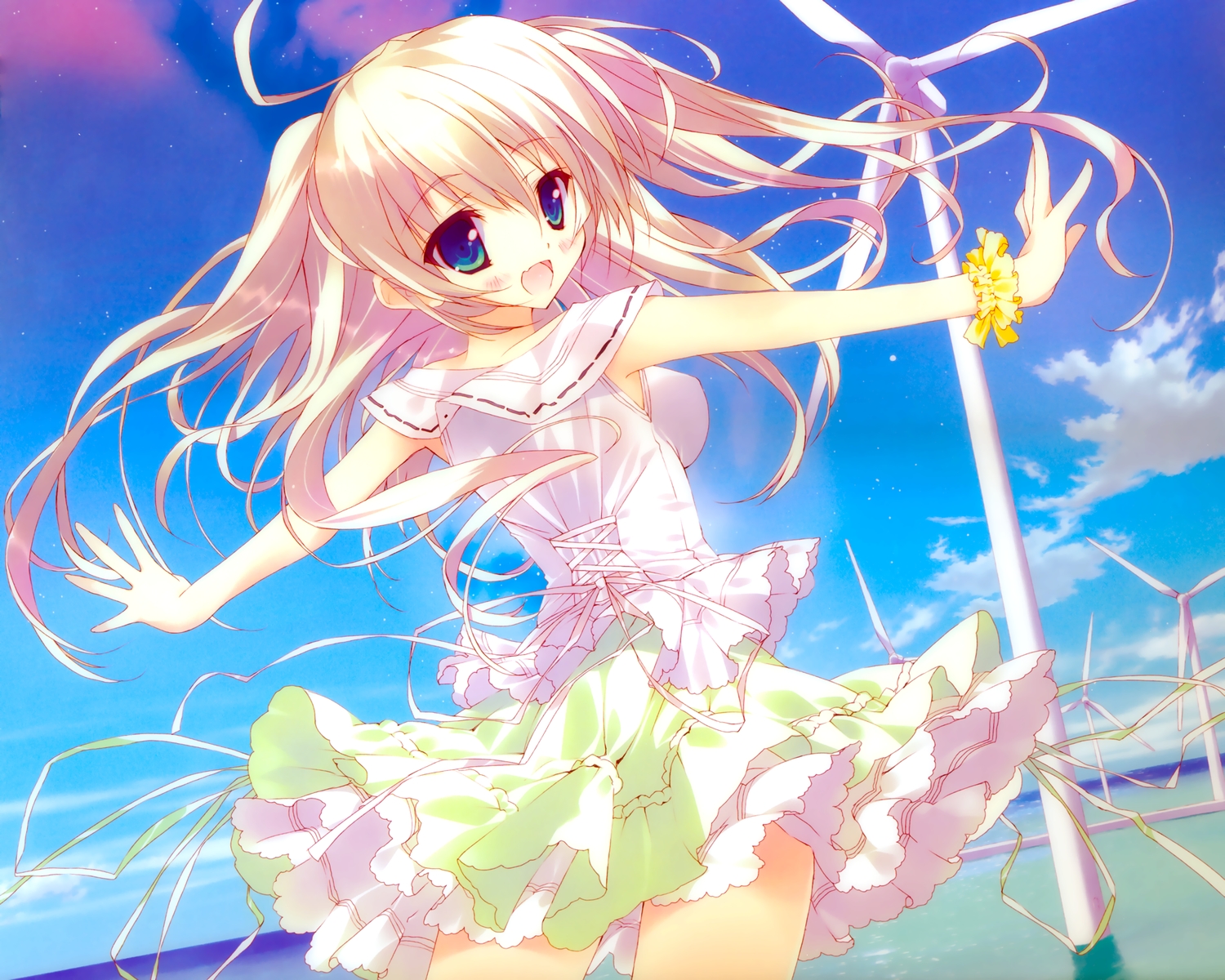aqua_eyes, blonde_hair, chiisana_kanojo_no_sayokyoku, cropped, dress, fang, feng, katagai_shione, long_hair, scan, tsurusaki_takahiro, water, windmill