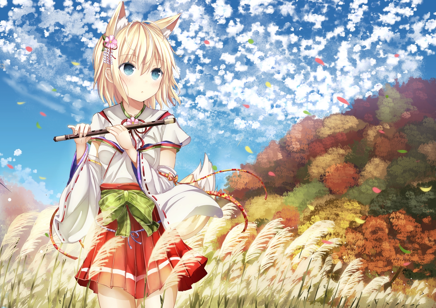 animal_ears, blonde_hair, blue_eyes, bow, flute, foxgirl, grass, instrument, japanese_clothes, miko, morerin, original, petals, ribbons, short_hair, skirt, tail
