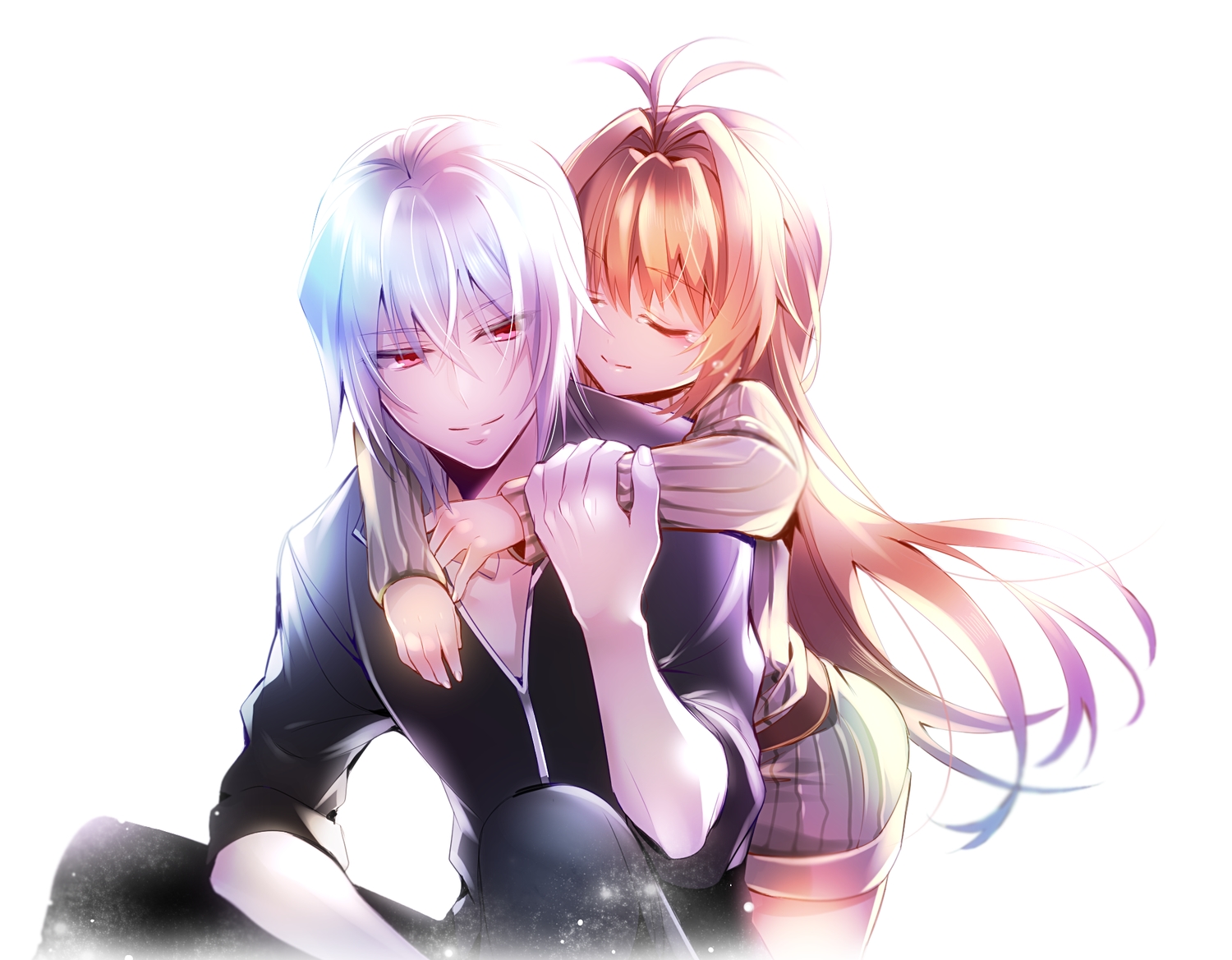 ai_astin, blonde_hair, hampnie_hambart, hug, kamisama_no_inai_nichiyoubi, long_hair, mmm-suke, red_eyes, short_hair, tears, white_hair