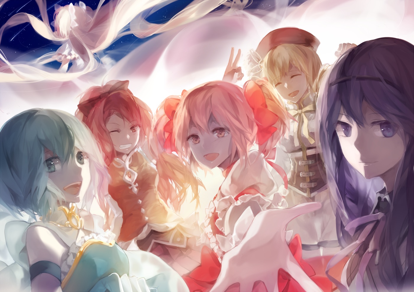 akemi_homura, aqua_eyes, blonde_hair, blue_hair, bow, dress, group, hat, headband, kaname_madoka, long_hair, mahou_shoujo_madoka_magica, miki_sayaka, pink_eyes, pink_hair, pugeum, purple_eyes, purple_hair, red_eyes, red_hair, sakura_kyouko, short_hair, tomoe_mami, twintails, ultimate_madoka, wink
