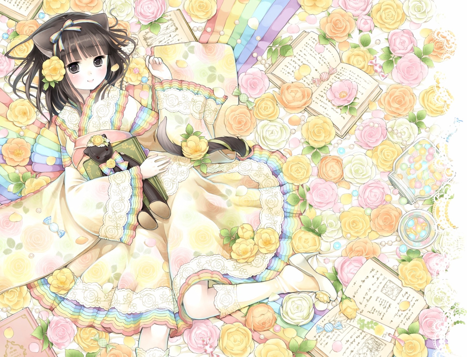 animal_ears, black_eyes, black_hair, book, candy, catgirl, dress, flowers