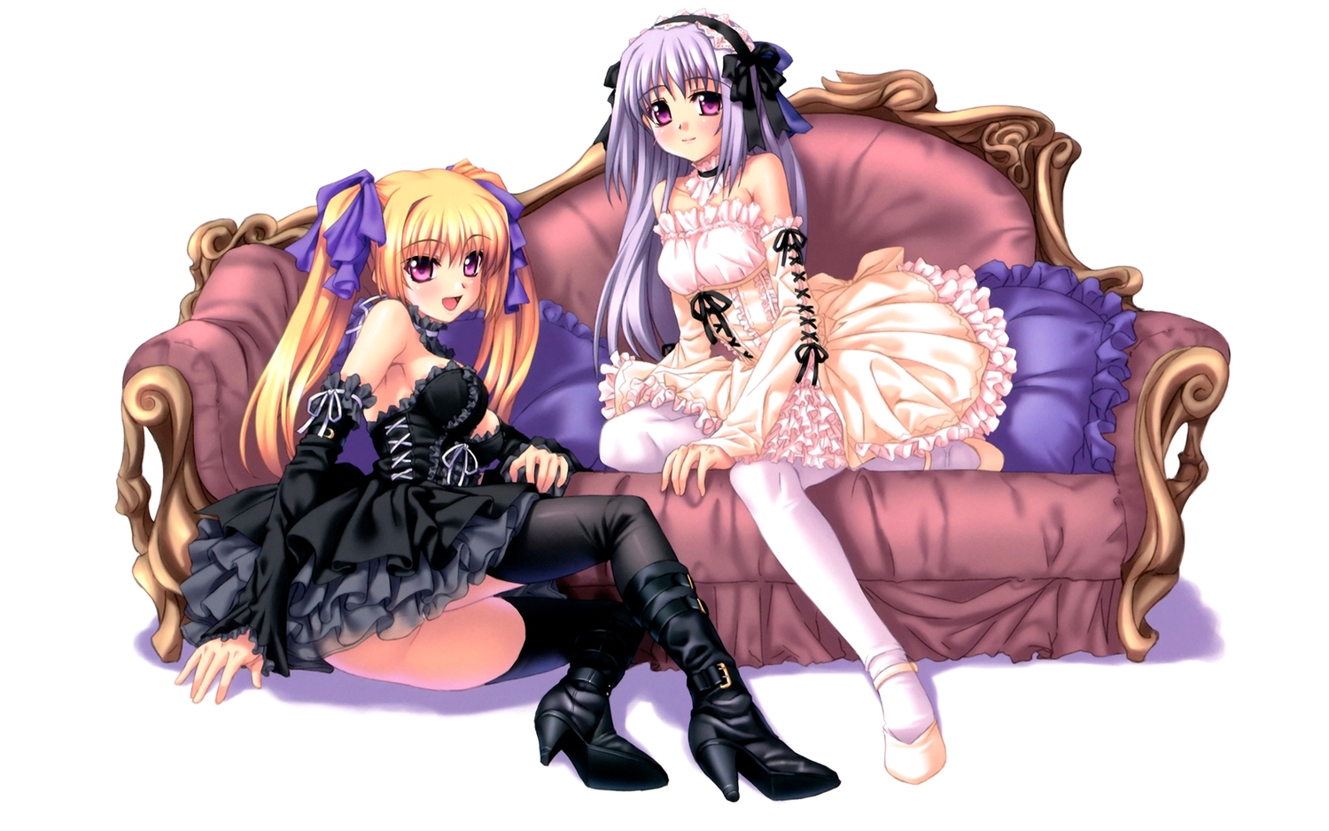 2girls, blonde_hair, boots, choker, couch, dress, goth-loli, headdress, kannatsuki_noboru, lolita_fashion, long_hair, pink_eyes, purple_hair, ribbons, shinkyoku_soukai_polyphonica, thighhighs, twintails, yugiri_perserte, yugiri_princesca