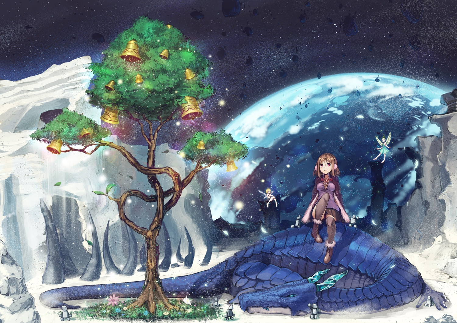 bell, boots, brown_hair, dragon, fairy, flowers, juu., leaves